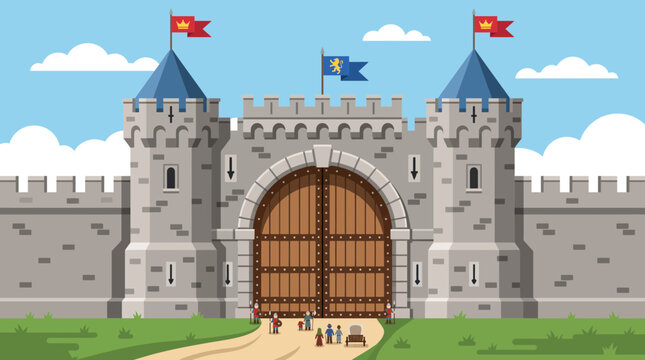 Fortified medieval castle gate with towers and stone walls