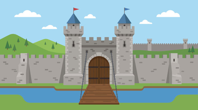 Medieval stone castle gate with drawbridge and moat
