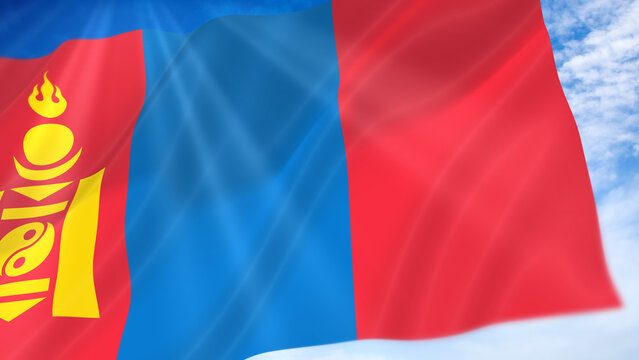 Mongolia Waving Flag on Blue Sky Background