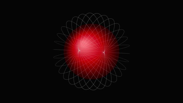 Rotating red orb animation featuring spinning geometric wireframe rings in this abstract digital video motion clip