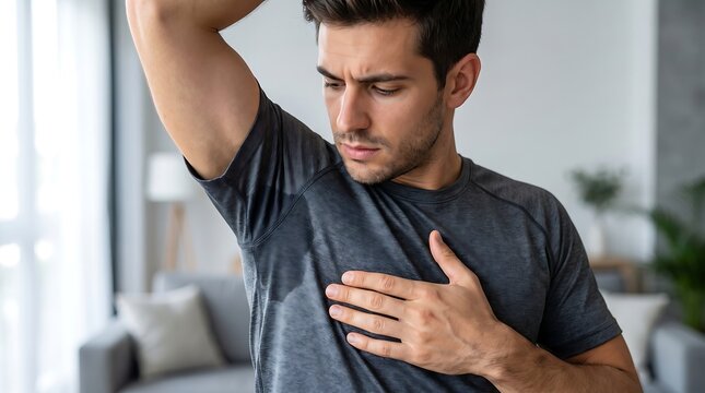 Young man smelling sweaty underarm in grey tshirt at home looking concerned about body odor hygiene for website use.