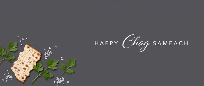 Passover Matzah Chag Sameach Greeting card flat lay banner with matzo unleavened bread parsley and coarse salt on dark background for Jewish holiday Pesach feast celebration and religion background