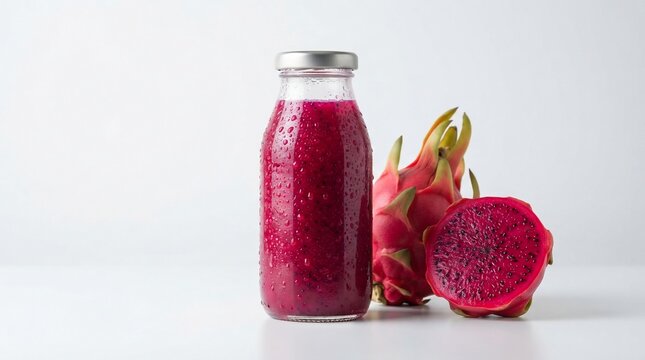 Vibrant dragon fruit smoothie in glass bottle with fresh fruit