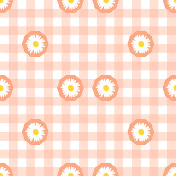 Peach Gingham Seamless Pattern with White Daisy Motif 