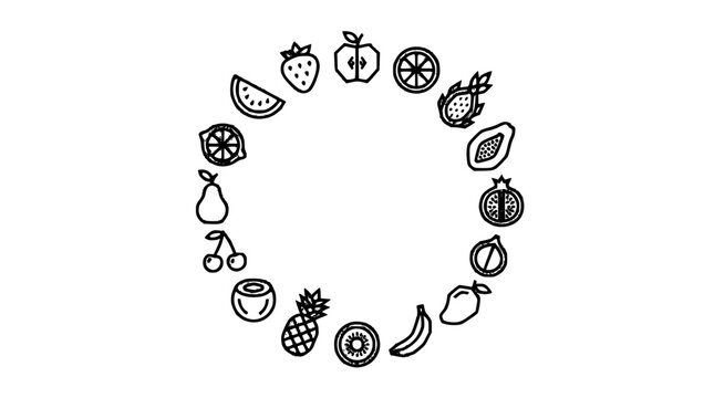 Circular frame border design featuring fresh organic fruit line art icons like apple banana strawberry lemon and pineapple isolated on white background