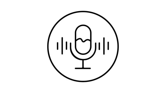 The video displays a 2D line-art animation featuring a microphone icon enclosed within a circular border set against a plain white background.