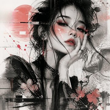 和モダンな女性のグリッチ墨絵アート