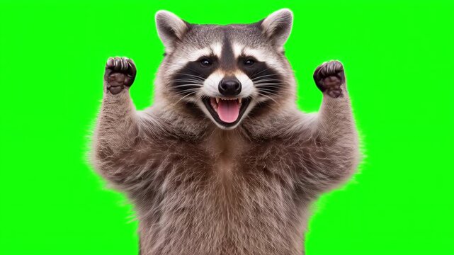 Realistic Raccoon raising hands and cheering joyfully, victorious business success and winning celebration concept isolated on chroma key green screen background. 3D.