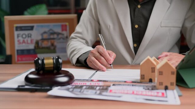 Professional person signing legal contract document desk gavel wooden house models auction foreclosure transaction purchase agreement mortgage investment property business commerce paperwork.