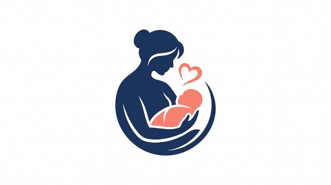 Breastfeeding mother silhouette logo, maternal healthcare icon with infant and heart, navy and peach nursing woman graphic
