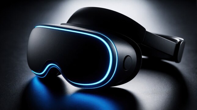 Sleek modern virtual reality headset with glowing blue lights rests on dark surface. Futuristic tech gadget offers immersive digital experience. Gaming device for entertainment.