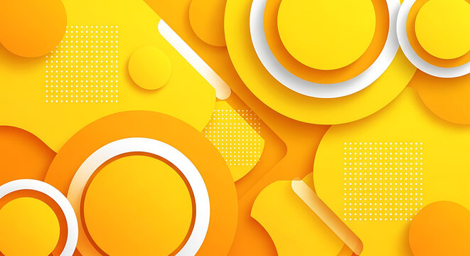 Vibrant yellow abstract geometric 3D background featuring layered circles and orange shapes creating a modern and creative papercut style design