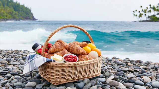Static shot of picnic basket filled with croissants and fruit on pebble beach with waves crashing and island in background