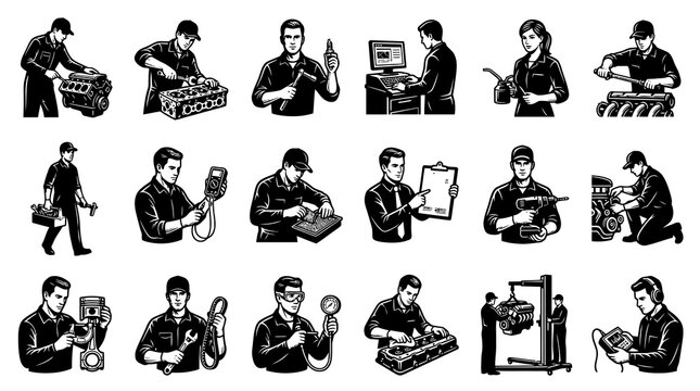 Automotive Mechanic and Car Service Worker Black and White Vector Illustration Set