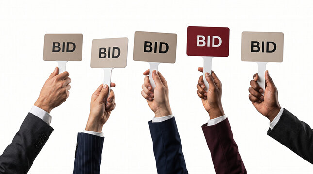 Diverse Business Hands Raised Holding Auction Bid Paddles on White Background