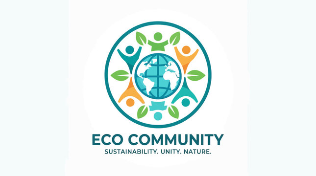 Eco Community Logo Design Featuring People and Leaves Around a Globe for Sustainability and Unity