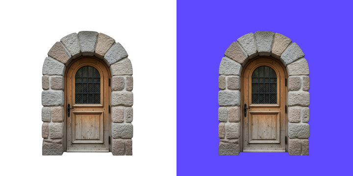 Old rustic wooden door with stone arch design photo png