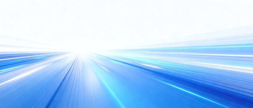Abstract blue high speed digital light trails rushing toward bright horizon, idea for fast data transfer, internet connectivity, technology and innovation banner