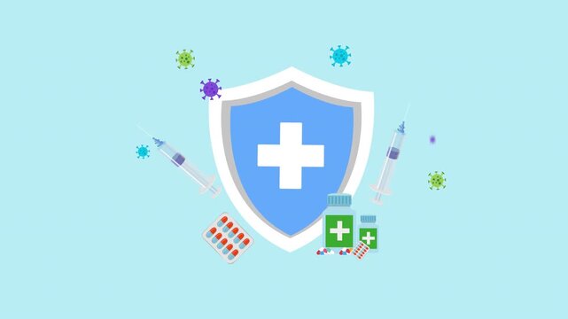 Healthcare Protection Concept with Medical Shield, Cross, Vaccines, Pills and Protective Virus Icons