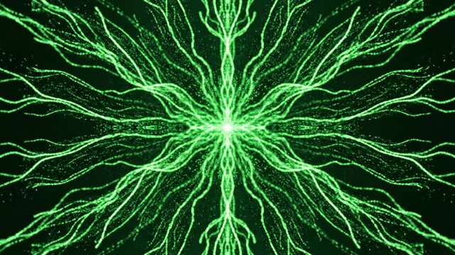 Abstract green light particles forming a symmetrical floral pattern