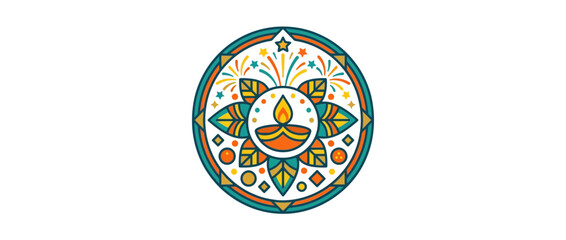 Fototapeta premium Colorful Diwali Festival Mandala Design Featuring a Traditional Diya Oil Lamp and Sparkly Fireworks
