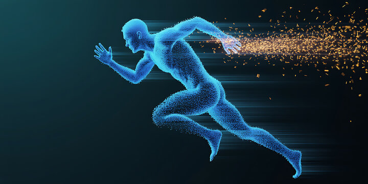 Blue particle human figure running with orange energy trails and motion blur effect 