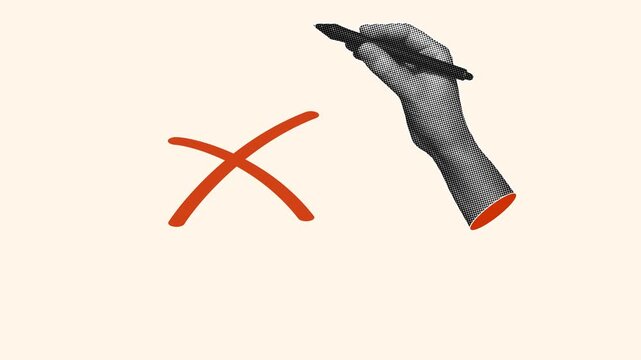 Halftone hand drawing red cross mark with stylus pen on light background. Retro pop art style, seamless loop for rejection, error, and denial concepts.