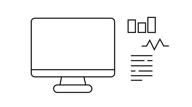 The video displays a 2D line-art animation featuring computer and data dashboard elements set against a plain white background.