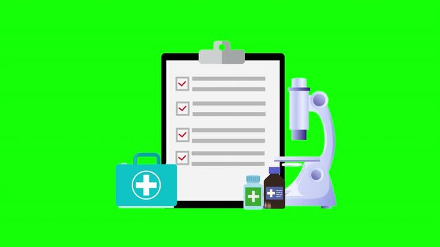 Medical Research and Healthcare Concept with Microscope, Clipboard, Medicine Bottles and Syringe in Clean Vector Illustration