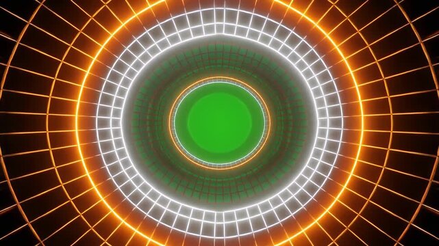 Geometric mandala pattern with pulsing energy in vibrant orange and green hues