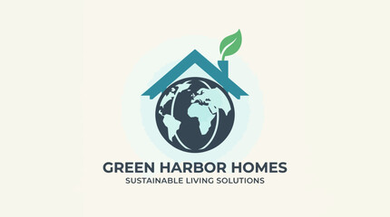 Fototapeta premium Sustainable Green Harbor Homes Logo Design Featuring Globe House and Leaf for Eco-Friendly Living