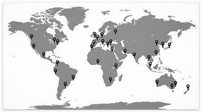 World map with continents in flat monochrome vector illustration for global business design