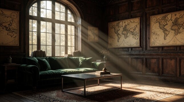 Luxurious dark academia living room features green velvet sofa, arched window with sunbeams, and vintage world maps on wood paneled walls. A sophisticated space for study or relaxation.