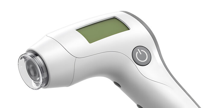 Close-up of a white digital ear thermometer with a green LCD screen and power button detail 