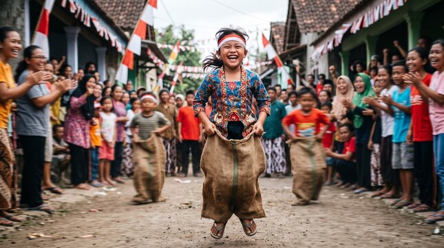 Excited children in traditional clothing competing in a sack race during