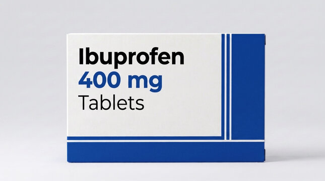 Front view of a generic ibuprofen 400 mg pill box packaging