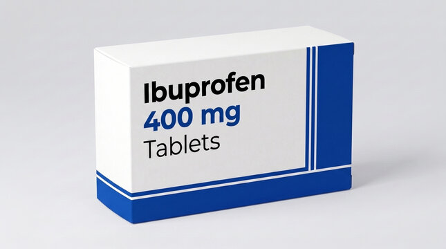 Front view of a generic ibuprofen 400 mg pill box packaging