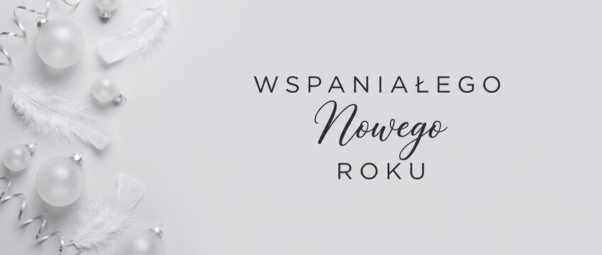 White New Year Polish Banner featuring minimalist Christmas baubles and feathers arranged on background with text Wspanialego Nowego Roku for festive holiday greeting cards and winter decorations