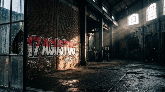 Graffiti of 17 agustus date on a brick wall inside a large abandoned industrial