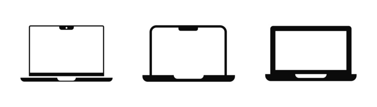 Modern laptop icon set with notch design presenting sleek portable computer screens for technology presentation and web design vector illustration