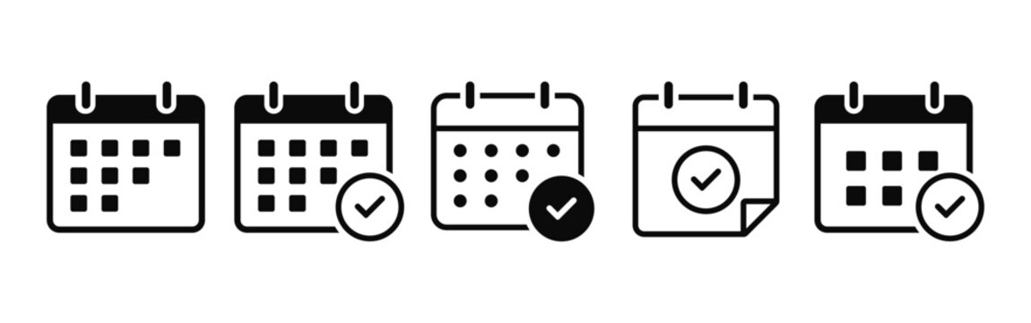 Calendar icon set with check mark symbol representing appointment scheduling completed task deadline management and date reminder vector illustration