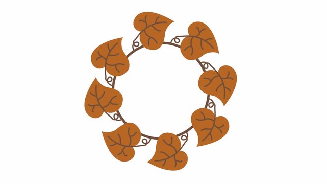 Autumn brown heart-shaped leaves circular frame cartoon animation for fall season symbol and Thanksgiving design element concept.