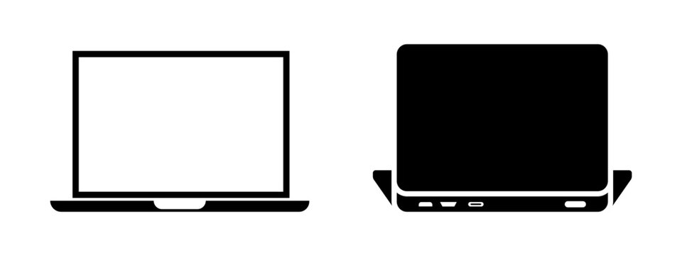 Laptop computer front and back view icon set representing personal computer device display hardware and technology interface isolated on white background