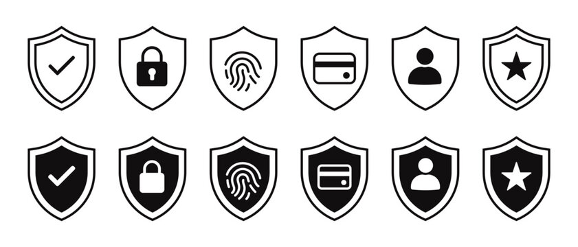 Security shield icon set featuring protection padlock biometric fingerprint credit card user profile and verified mark symbols for digital safety vector illustration