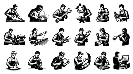 Obraz premium Black White Glyph Icons of Artisans and Craftsmen at Work