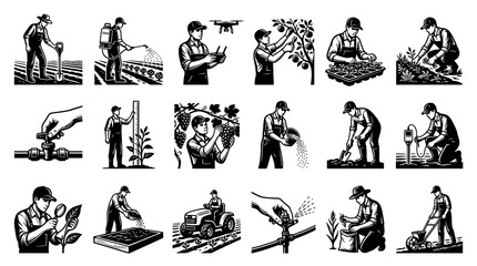 Fototapeta premium Black and White Line Art of Farmers Working in Field with Technology and Crops