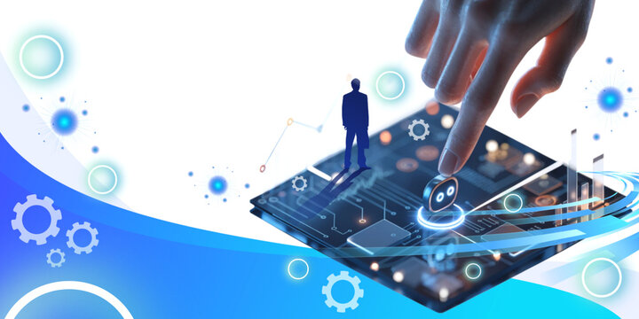 Technology background. Smart assistants and automation in future business through interactive digital screens