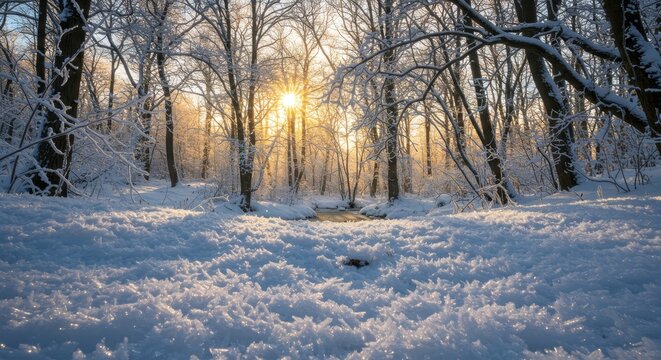 Snowy forest landscape at golden sunset with sunbeams filtering through frozen trees. Winter nature background with glowing light and crystalline snow cover in the woods. Seasonal scene.