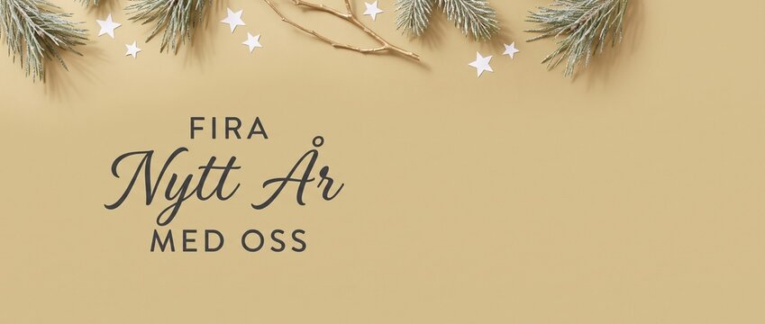 Swedish New Year celebration background with pine branches and star decor for seasonal greeting cards, fira nytt ar holiday banner, flat lay festive frame with gold twig on beige backdrop.