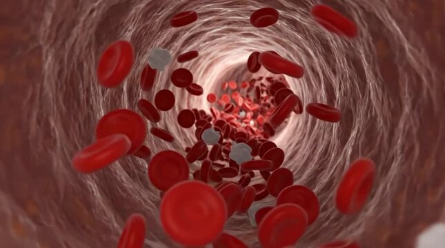 Red and white blood cells flowing through a blood vessel